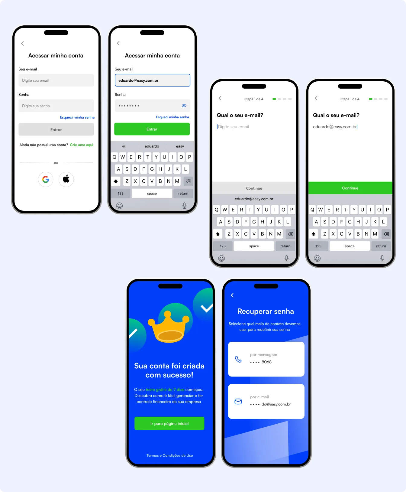 Telas de login e criação de conta