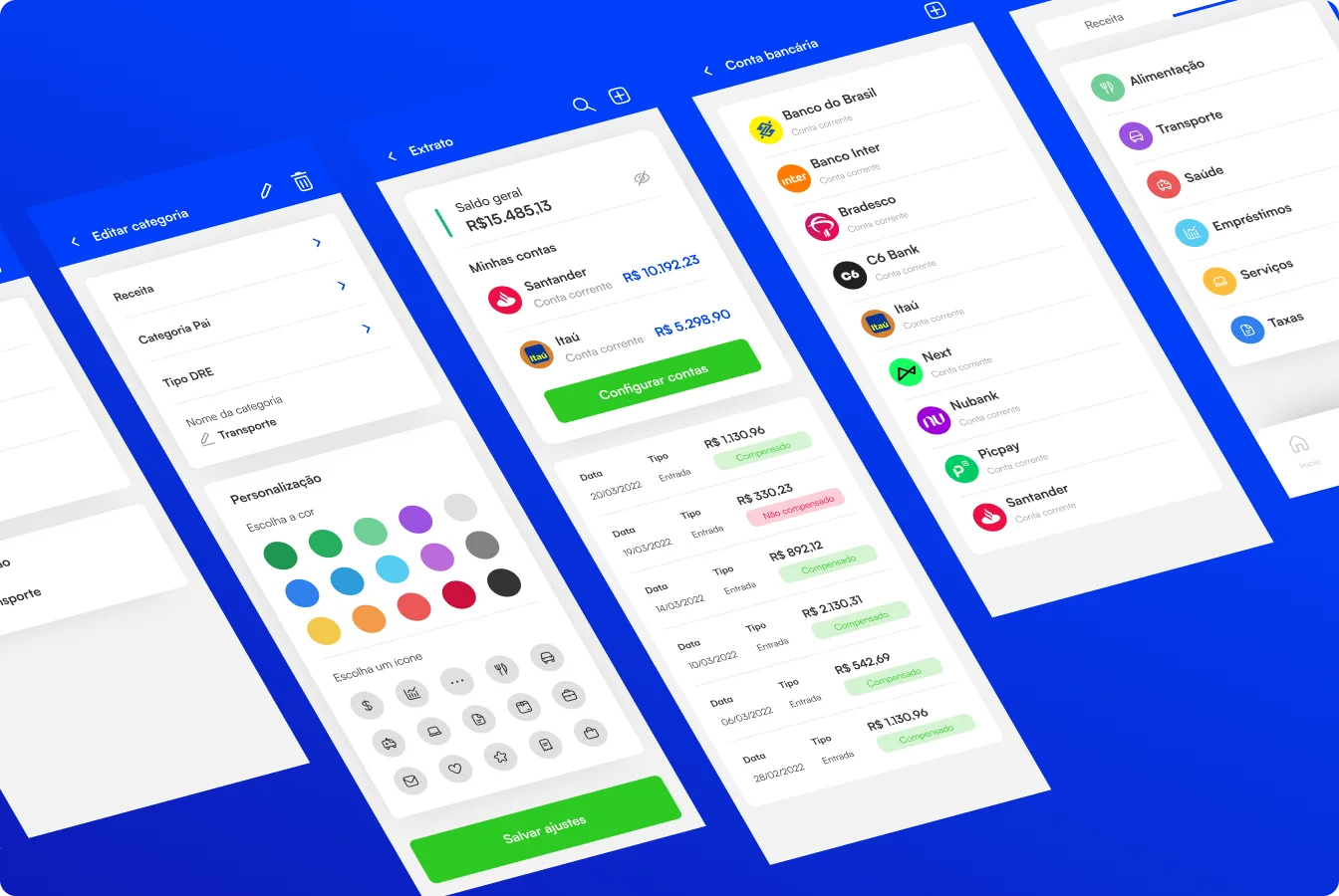 Visão geral de telas do app: categorias, extrato e contas