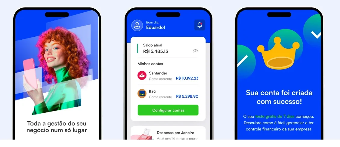 Telas do app: onboarding, dashboard financeiro e conta criada