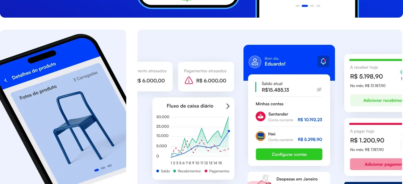 Colagem de telas do app (produtos e financeiro)